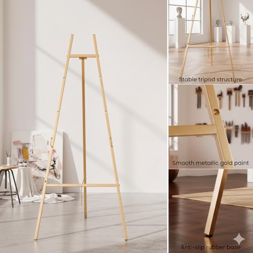 Gold Metal Easel Stand, Adjustable Floor Display Stand for Signs, Art, Mirrors, Posters, Foldable and Portable for Wedding, Home and Event Decor (Gold)