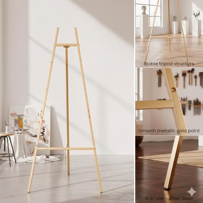 Gold Metal Easel Stand, Adjustable Floor Display Stand for Signs, Art, Mirrors, Posters, Foldable and Portable for Wedding, Home and Event Decor (Gold)