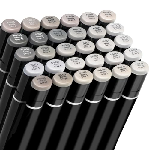 Gray Grey Alcohol Markers Brush Tip, 30pc Warm Neutral Cool Grey Markers Set for Adults Artist Coloring Book Shading Layering Drawing Sketching Brush Chisel Tips Gifts - color: 30 color