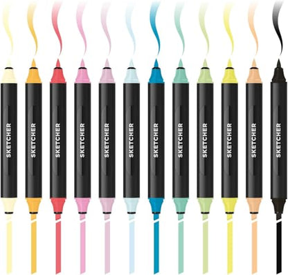 Sketcher Twin Tip Molotow Marker Set 12 Pack - Aqua Pro Ink Dual Nib 2-5mm Ink Pen Art Drawing Bundle (Main 2) - style: Main Kit 2
