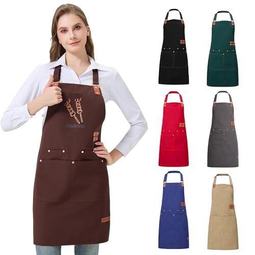 Personalized Waterproof Canvas Apron Custom Logo - Heavy Duty Cross Back 4 Pockets for Men Women Chef Barista - color: Brown