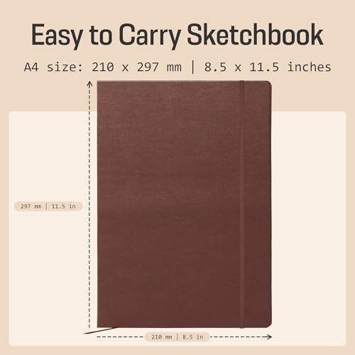 BROWNSTONE JOURNALS A4 Sketch Book Hardcover - 80 Sheets 100 GSM Paper 8.5"x11.5", Lay Flat, Vegan Leather Cover, Elastic Band, Back Pocket, Art Drawing Book (Chestnut Brown) - color: Chestnut Brown, size: A4 (8.5" x 11.5")