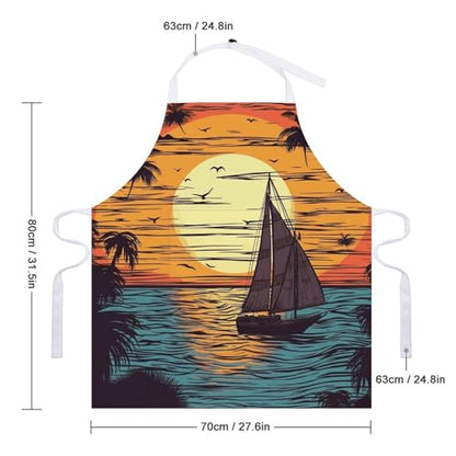 Bib Aprons Waterproof Chef Apron Fashion Painting Artist Apron | Sunset And Sailboat Apron for Men Women Adjustable Cooking Apron Funny Kitchen Aprons Polyester Art Aprons