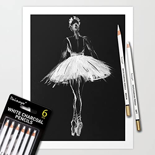 6 Pcs White Charcoal Pencils Drawing Set, Professional Smooth Soft & Medium Sketching Pencil Art Supplies for Drawing, Highlighting, Sketching, Blending