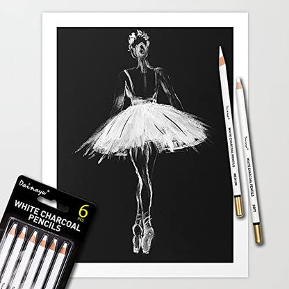 6 Pcs White Charcoal Pencils Drawing Set, Professional Smooth Soft & Medium Sketching Pencil Art Supplies for Drawing, Highlighting, Sketching, Blending