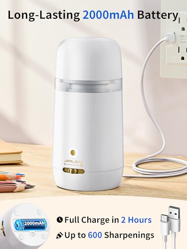 JARLINK Automatic Electric Pencil Sharpener - Hands-Free Operation, 3 Sharpness Modes, 3-Second Sharpening, Rechargeable & Portable for 7-12mm Pencils, Ideal for Classroom and Home Use (White) - color: White