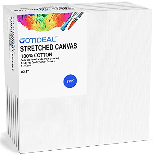 GOTIDEAL Stretched Canvases for Painting, 8x8 Inch Set of 7, Primed White - 100% Cotton Blank Art Square Canvas Boards for Painting for Acrylic Pouring, Oil Paint Dry & Wet Art Media - color: White, size: 8"x8"