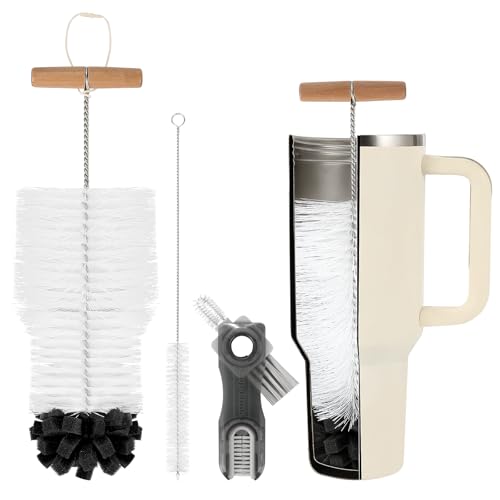 3 PCS Bottle Clean Brush Set, Long Wooden Handle Bottle Cleaner Brush for Stanley Cup Tumblers, 3 in1 Cup Lid Cleaning Brush, Long Straw Brush,Water Bottle Clean Brush Kit for Bottle Cups Coffee Mugs