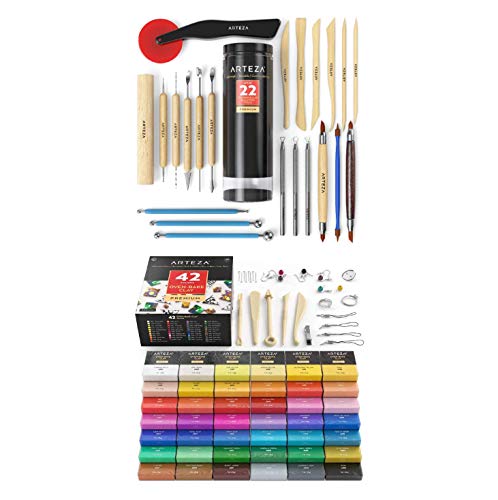 Arteza Polymer Clay Kit 42 with Pottery Tools & Clay Sculpting Tools Set of 22, Art Supplies for Artist, Hobby Painters & Beginners