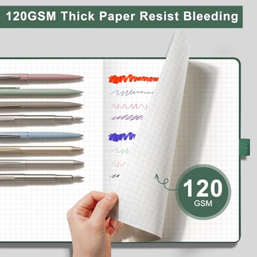 AHGXG Graph Grid Paper Notebook, 160 Pages, A5 Medium Size (5.7'' x 8.3''), 120 GSM Thick Paper, Leather Hardcover, for School, Students, Math, Engineering (Dark Green) - color: Dark Green, style: Grid