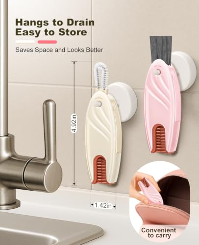 4 in 1 Cup Lid Gap Cleaning Brush Set 2 Pcs - Multifunctional Bottle Cleaning Brush Tools for Home Kitchen and Travel Cleaning | Portable Silicone Cup Lid Cleaner in 2 Colors (Beige & Pink) - color: Beige & Pink