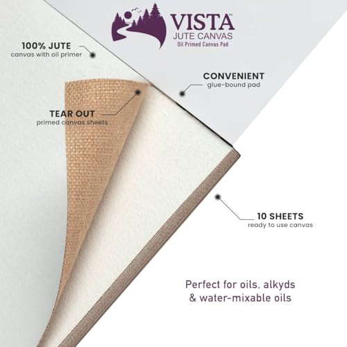Vista Jute Oil Primed Canvas Pad 9"x12" - 10 Sheets, Blank Canvas for Eco Friendly Artists, Double-Primed Jute Surface, Ideal for Oils, Extra-Coarse Texture, Tape-Bound
