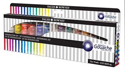 Daler-Rowney Aquafine Gouache Paint Introductory Set of 12 Colours x 15ml Tubes, Ideal for Beginner Artists & Students, Water-Based Paint for Canvas and Paper, Opaque Watercolours