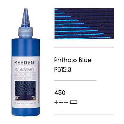 MEEDEN Soft Body Acrylic Paint: Phthalo Blue Matte Finish - 250ml/8.45oz Bulk Acrylic Colors in Ergonomic Bottle - Fluid Flow Art Paints for Artists Canvas Painting - color: Phthalo Blue