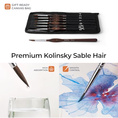 Nicpro 7pcs Kolinsky Sable Miniature Paint Brushes, Professional Fine Detail Paint Brushes with Cloth Roll, Round Point Artist Brush Set for Miniatures, Acrylic & Figures, Model, Watercolor Details - size: 7 PCS