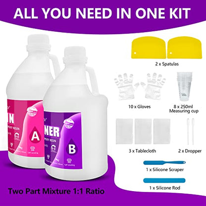 1 Gallon Crystal Clear Epoxy Resin Kit, High Gloss & Bubbles Free Resin Supplies for Art Coating and Casting, Craft DIY, Wood, Tabletop, Bar Top, Molds, River Tables with Cups, Sticks, Gloves - size: 1 Gallon