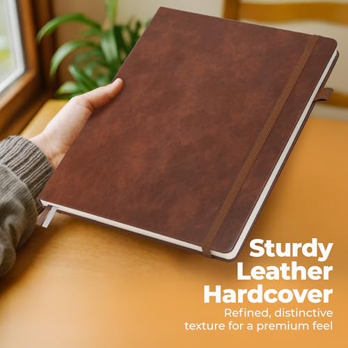 Classic Lined Journal Notebook 8.5x11" A4 Hardcover Leather - Brown - 200 Pages College Ruled Large with Sticky Tabs, Pockets, and Pen Loop for Writing and Journaling - Big Hardback Men and Women - color: Brown, size: A4 200 Pages