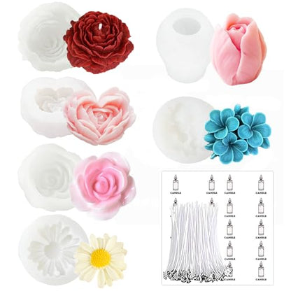 6 Pcs Flower Candle Resin Mold 3D Heart Rose Daisy Peony Tulip Silicone Mold for Candle Soap Chocolate Resin Making Silicone Mold Rosas Silicona para Velas Valentine Day Gift - color: 6 Pcs Flower Mold Set