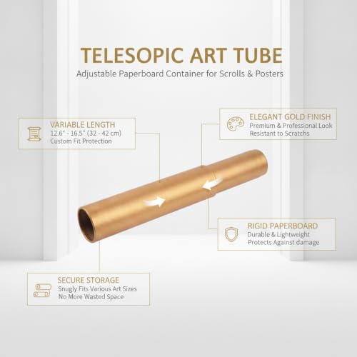 Telescopic Art Tube, Adjustable Paperboard Container for Scrolls and Posters, Gold Finish (1 PC)