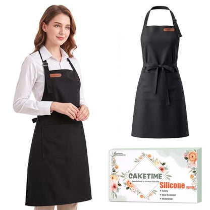 CAKETIME Colorful Silicone Leather Aprons for Women Waterproof Cleaning Cooking Baking Kitchen Bids Mother Chef Funny Gifts - color: Black