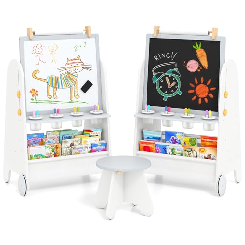 INFANS Easel for Kids with Stool, 4-in-1 Double-Sided Adjustable Magnetic Chalkboard with Paper Roll, Bookshelves, Wheels, Wooden Standing Painting Drawing Art Board for Boys Girls - style: Grey