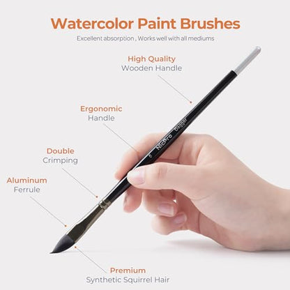 Nicpro Watercolor Brushes Professional, 24pcs Soft Synthetic Squirrel Hair Watercolor Paint Brush Set with Cloth Roll, Round, Flat, Filbert, Dagger, Cat Tongue for Water Color Gouache Inks Painting
