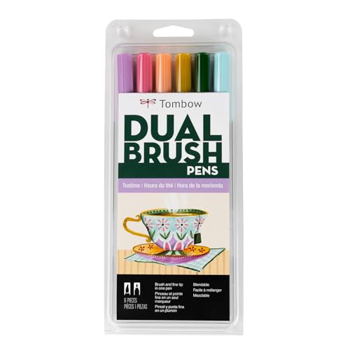 Tombow 56242 Dual Brush Pen Art Markers, Teatime, 6-Pack, Water-Based, for Hand Lettering, Watercolor, Fine Art, Illustrations