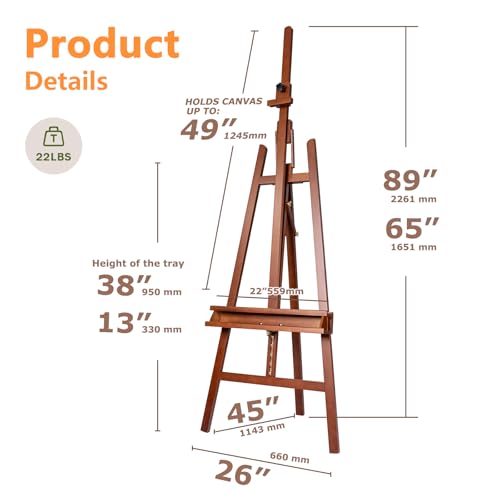 DJAR Large Floor Studio Art Easel for Painting, Sturdy and Durable, Walnut | Adjustable Artist Easel with Storage Tray, Holds canvases up to 49", Solid Beech Wood Display Stand for Adults & Beginners - style: Walnut A-Frame Easel
