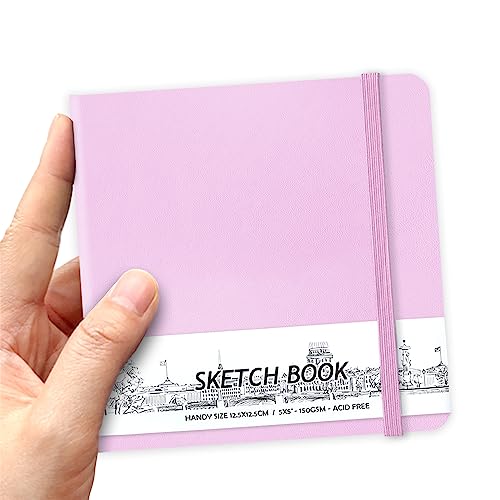 5" x 5" Hardcover Sketch Book,Small Mixed Media Sketch Pad,58 Sheets 150GSM Acid-Free Artist Drawing Paper,Travel Journal Blank Notebook for Adults Painting,Illustration,Art Supplies.Purple Pink - color: 150gsm PU-purple pink
