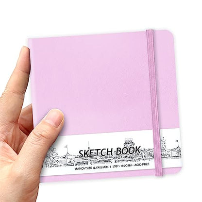 5" x 5" Hardcover Sketch Book,Small Mixed Media Sketch Pad,58 Sheets 150GSM Acid-Free Artist Drawing Paper,Travel Journal Blank Notebook for Adults Painting,Illustration,Art Supplies.Purple Pink - color: 150gsm PU-purple pink