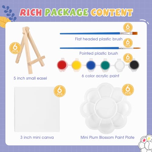 ESRICH 6 Set Mini Acrylic Paint Kit, Minis Stretched Canvas with Easel, Acrylic Paint Strips, Paint Palettes, Painting Brushes, Mini Canvas and Easel Set for Kids Artists Beginner, Gift