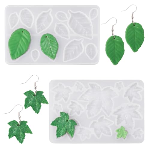 2Pcs Leaf Earring Silicone Molds Assorted Tree Leaves Maple Leaf Shape Resin Molds Green Plant Jewelry Casting Mould for Epoxy Resin DIY Crafts Earring Pendants Jewelry Making - color: White-Leaf