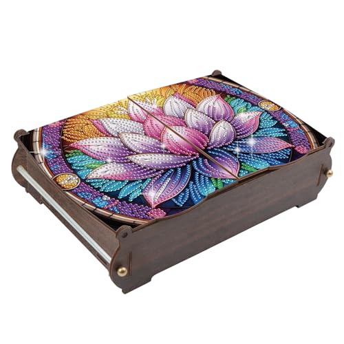JZHYOAN DIY Diamond Painting Wooden Storage Box Handmade Art Desktop Decorations Birthday Gifts DIY Special Shaped Diamond Art Decorative Organizer with Lotus Pattern for Adult Home Office - color: Purple lotus