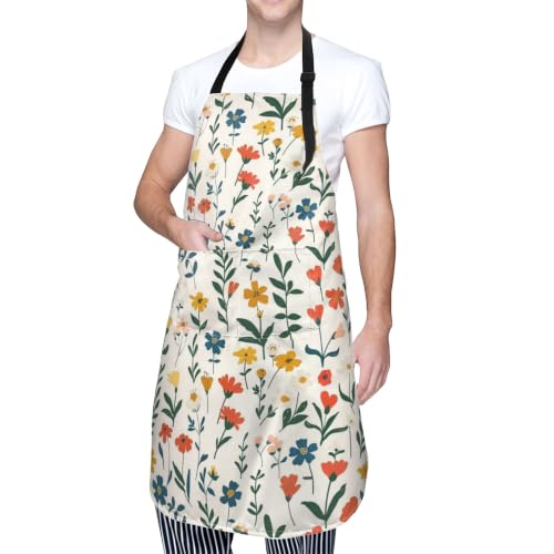 Cream Pastel Wildflower Art Waterproof Apron with Pockets | Garden Aprons for Men Women Adjustable Bib Apron for Cooking Kitchen Baking BBQ Painting Housework Oil Resistant - color: Earthy Summer Blooms