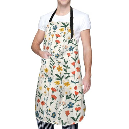 Cream Pastel Wildflower Art Waterproof Apron with Pockets | Garden Aprons for Men Women Adjustable Bib Apron for Cooking Kitchen Baking BBQ Painting Housework Oil Resistant - color: Earthy Summer Blooms