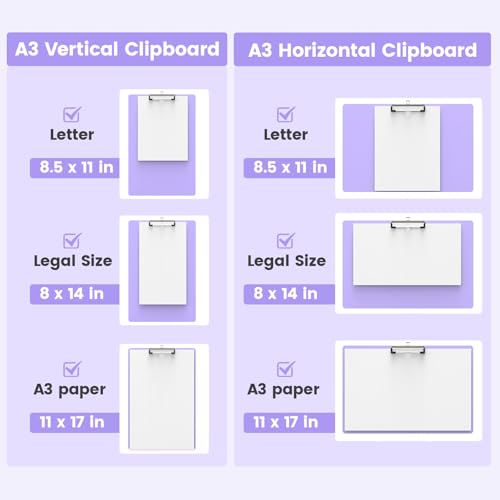 Extra Large 11x17 Clipboards, Landscape and Vertical Layout 2 Pack | Purple Plastic Drawing Boards with Low Profile Clip. Suitable for Watercolor, Sketching, Painting. Art & Drafting Supply - color: Purple