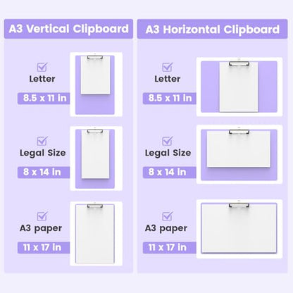 Extra Large 11x17 Clipboards, Landscape and Vertical Layout 2 Pack | Purple Plastic Drawing Boards with Low Profile Clip. Suitable for Watercolor, Sketching, Painting. Art & Drafting Supply - color: Purple