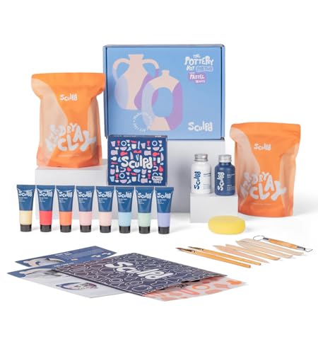 Sculpd - The Original Pottery Kit for Adults - Air Dry Clay for Adults, Tools, Varnish, Paints, Brushes, Couples Date Night Arts & Crafts Set, Gloss Varnish with Pastel Tones - style: Gloss Varnish with Pastel Tones