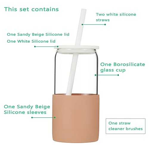 Sunseeke Glass Tumbler with Straw and Lid, 16oz Ice Coffee Cup, Silicone Sleeve Cleaning Brushes, Drinking Glasses for Water, Iced Coffee, Smoothie - BPA Free (Sandy Beige) - color: Sandy Beige
