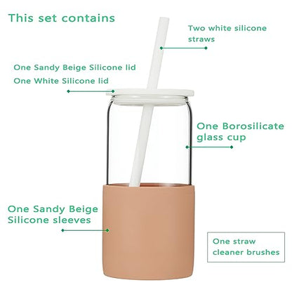 Sunseeke Glass Tumbler with Straw and Lid, 16oz Ice Coffee Cup, Silicone Sleeve Cleaning Brushes, Drinking Glasses for Water, Iced Coffee, Smoothie - BPA Free (Sandy Beige) - color: Sandy Beige