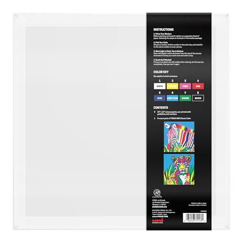 POSCA Canvas Paint by Number Kit, Rainbow Safari - 8 Acrylic Markers with 2 Pre-Drawn Canvases - Gift Set for Artists, Adults and Kids - color: Rainbow Safari