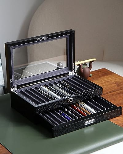 Wood Pen Storage Organizer with 24 Slots, Display Box for Men Gifts, Glass Window Finish, Dark Gray Velvet - color: black 24 slots, gray velvet