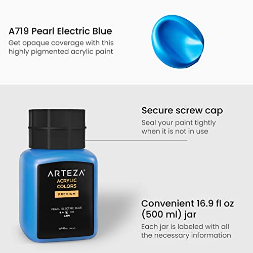 ARTEZA Acrylic Paint, A719 Pearl Electric Blue, 16.9 fl oz, 500ml Jar, Opaque, Quick-Drying, Acrylic Paints for Painting on Canvas - color: A719 Pearl Electric Blue, size: 16.9 Fl Oz (Pack of 1)