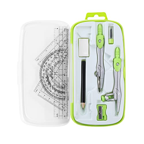 Unjoo Math Geometry Kit Sets 10 Piece Student Supplies with Shatterproof Storage Box,Includes Rulers,Protractor,Compass,Eraser,Pencil Sharpener,Lead Refills,Pencil,for Drafting and Drawings（Green） - color: Green