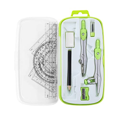 Unjoo Math Geometry Kit Sets 10 Piece Student Supplies with Shatterproof Storage Box,Includes Rulers,Protractor,Compass,Eraser,Pencil Sharpener,Lead Refills,Pencil,for Drafting and Drawings（Green） - color: Green