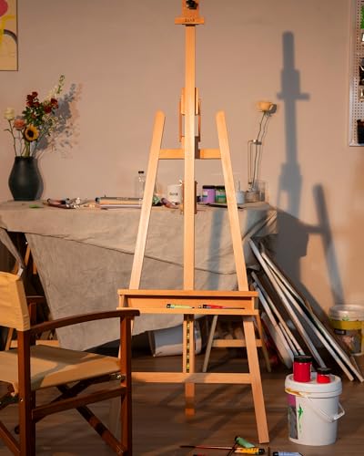 DJAR Large Painters Easel for Painting, Holds Canvas up to 49", Natural | Sturdy Solid Beech Wood Studio Floor Display Stand, Adjustable Artist Easel with Storage Tray, Ideal for Adults and Students - style: Natural A-Frame Easel