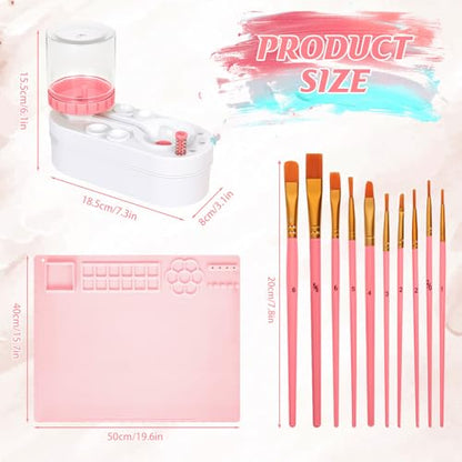 Painting Station, Paint Brush Cleaner (Pre-Assembled) and Silicone Painting Mat 20"X16" Silicone Art Mat with 10 Paint Brushes for Artist Kids Adults Birthday Gifts (Pink) - color: Pink