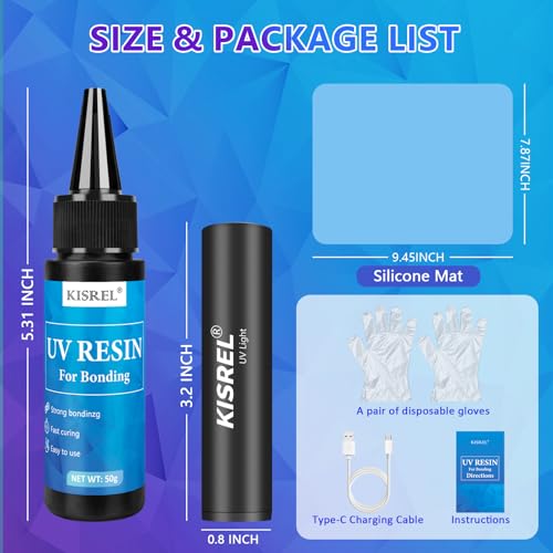 KISREL 50g UV Resin Kit with Light, Fast Curing & Bonding in Seconds, 50g UV Resin Kit with UV Flashlight for Welding，UV Glue for Bonding Jewelry, Plastic, Glass Repair (Transparent Objects)
