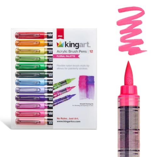 KINGART Acrylic Paint Markers Brush Tip, 12 Floral Colors. Water-based, no-bleed, waterproof pens with automatic ink control for rock, egg, wood, fabric, glass & DIY crafts - color: Floral
