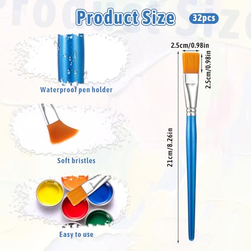 32 Pcs 1 Inch Flat Paint Brushes for Acrylic Painting Watercolor Large Acrylic Paint Brush Artist Painting Brush with Wooden Handles for Acrylic, Watercolor, Oil, Crafts, Face Body Art